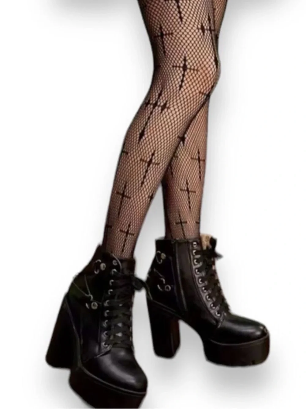 Black Worship Me Cross Fishnet Tights Stockings Goth Punk  NWT